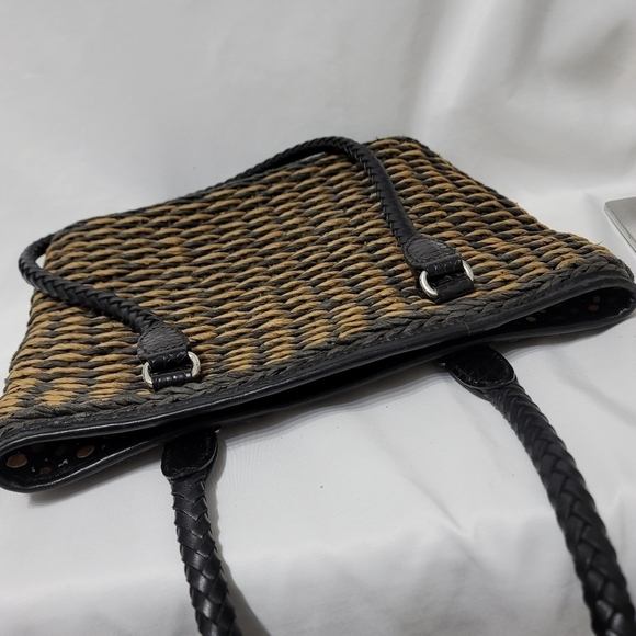 Vintage Brighton Raffia Straw Leather Trim Shoulder Bag - Black & Tan - Picture 15 of 16